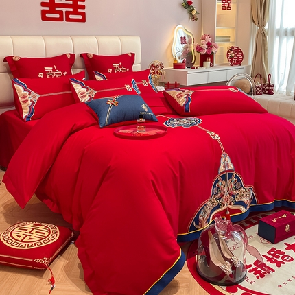 91家纺网 家纺一手货源 找家纺 （总）玉雅家纺 2025新款长绒棉牛仔国潮凤刺绣婚庆四件套