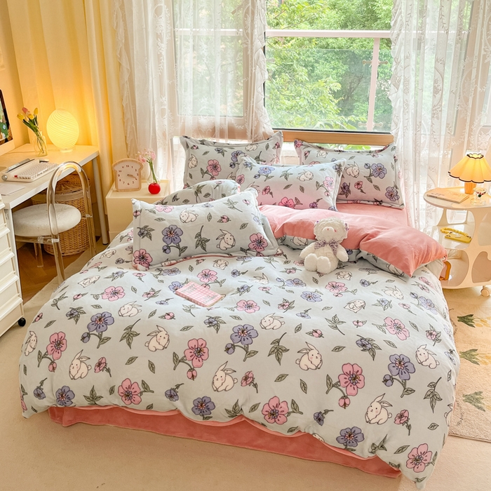 91家纺网 家纺一手货源 找家纺 慕澄家纺 2023新款小清新牛奶绒印花四件套 花韵