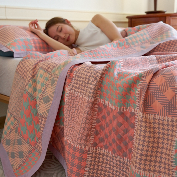 91家纺网 家纺一手货源 找家纺 棠薇 2023新款秋冬全棉三层纱床盖多功能纱布毯 艾克粉