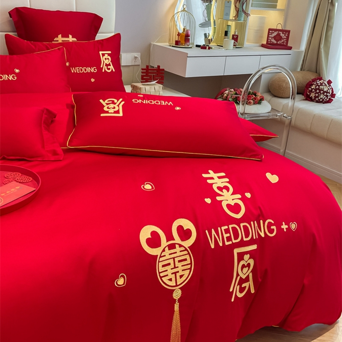 91家纺网 家纺一手货源 找家纺 欧乐蒂 2025新款亲肤棉刺绣婚庆四件套 喜愿