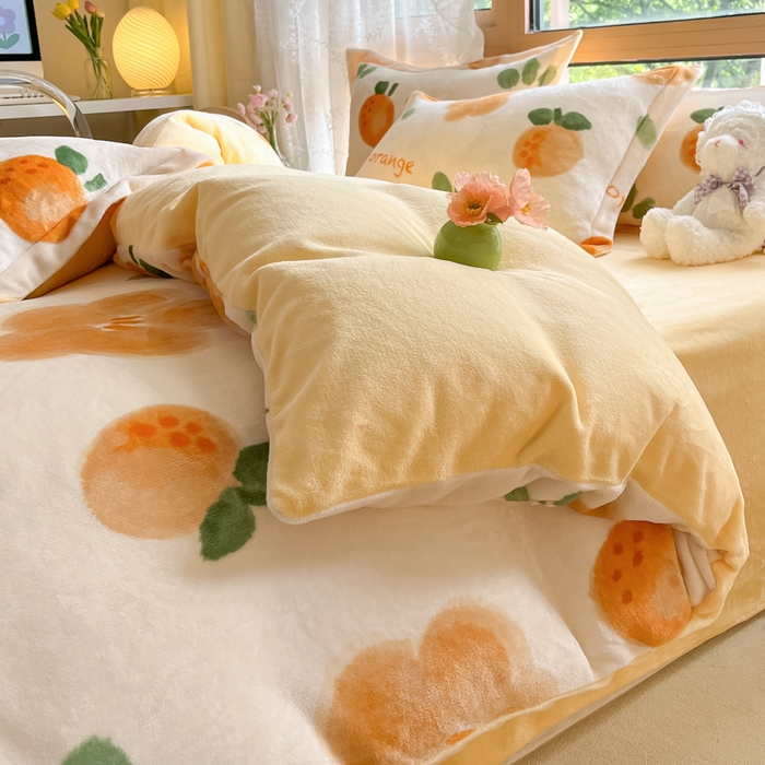 91家纺网 家纺一手货源 找家纺 慕澄家纺 2023新款小清新牛奶绒印花四件套 橙意满满