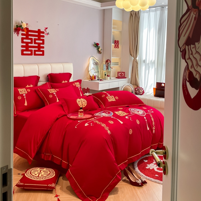 91家纺网 家纺一手货源 找家纺 欧乐蒂 2025新款亲肤棉刺绣婚庆四件套 龙凤情缘