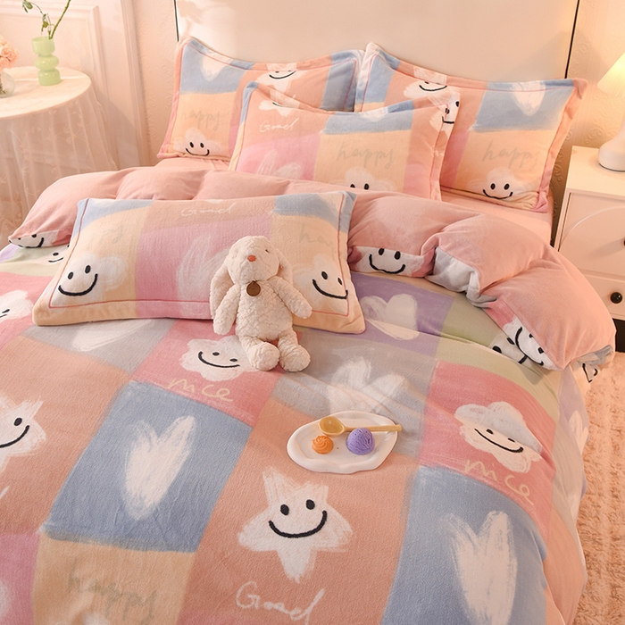 91家纺网 家纺一手货源 找家纺 2025新款冰岛臻棉绒印花系列牛奶绒小号三件套 彩色笑脸