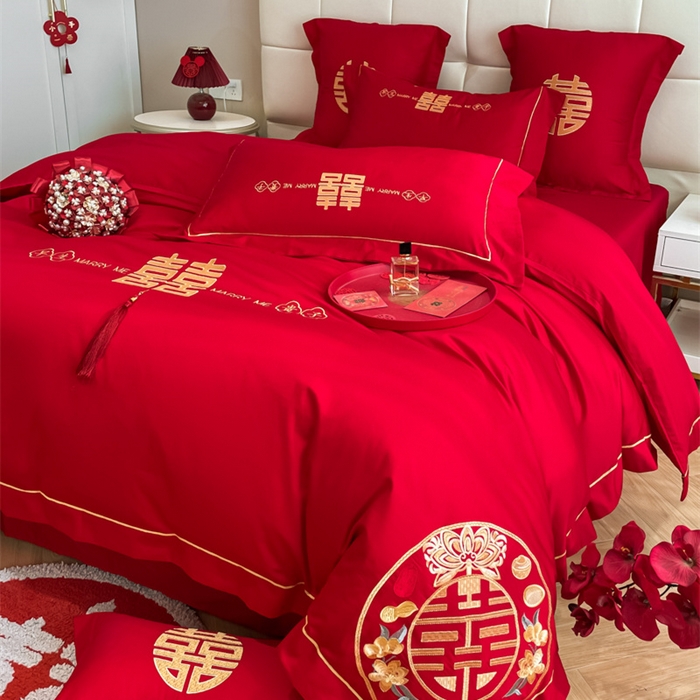 91家纺网 家纺一手货源 找家纺 欧乐蒂 2025新款亲肤棉刺绣婚庆四件套 早生贵子