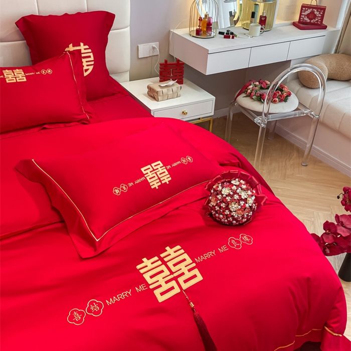 91家纺网 家纺一手货源 找家纺 欧乐蒂 2025新款亲肤棉刺绣婚庆四件套 喜结良缘