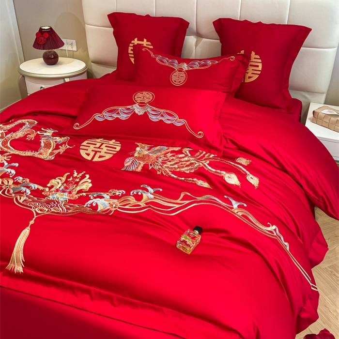 91家纺网 家纺一手货源 找家纺 欧乐蒂 2025新款亲肤棉刺绣婚庆四件套 龙凤祥瑞