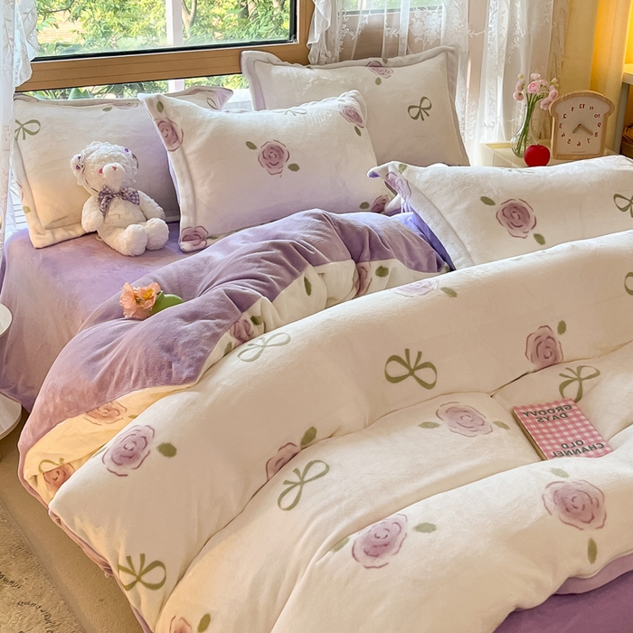 91家纺网 家纺一手货源 找家纺 慕澄家纺 2023新款小清新牛奶绒印花四件套 花开