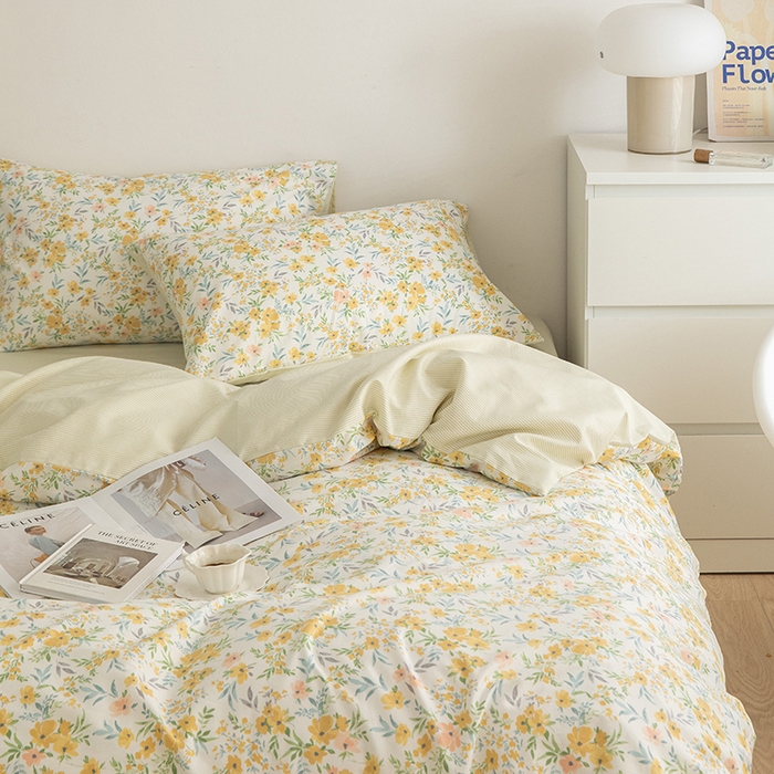 91家纺网 家纺一手货源 找家纺 绫韵家纺 13372ins风全棉斜纹纯棉小清新床上四件套三件套 多姿多彩黄