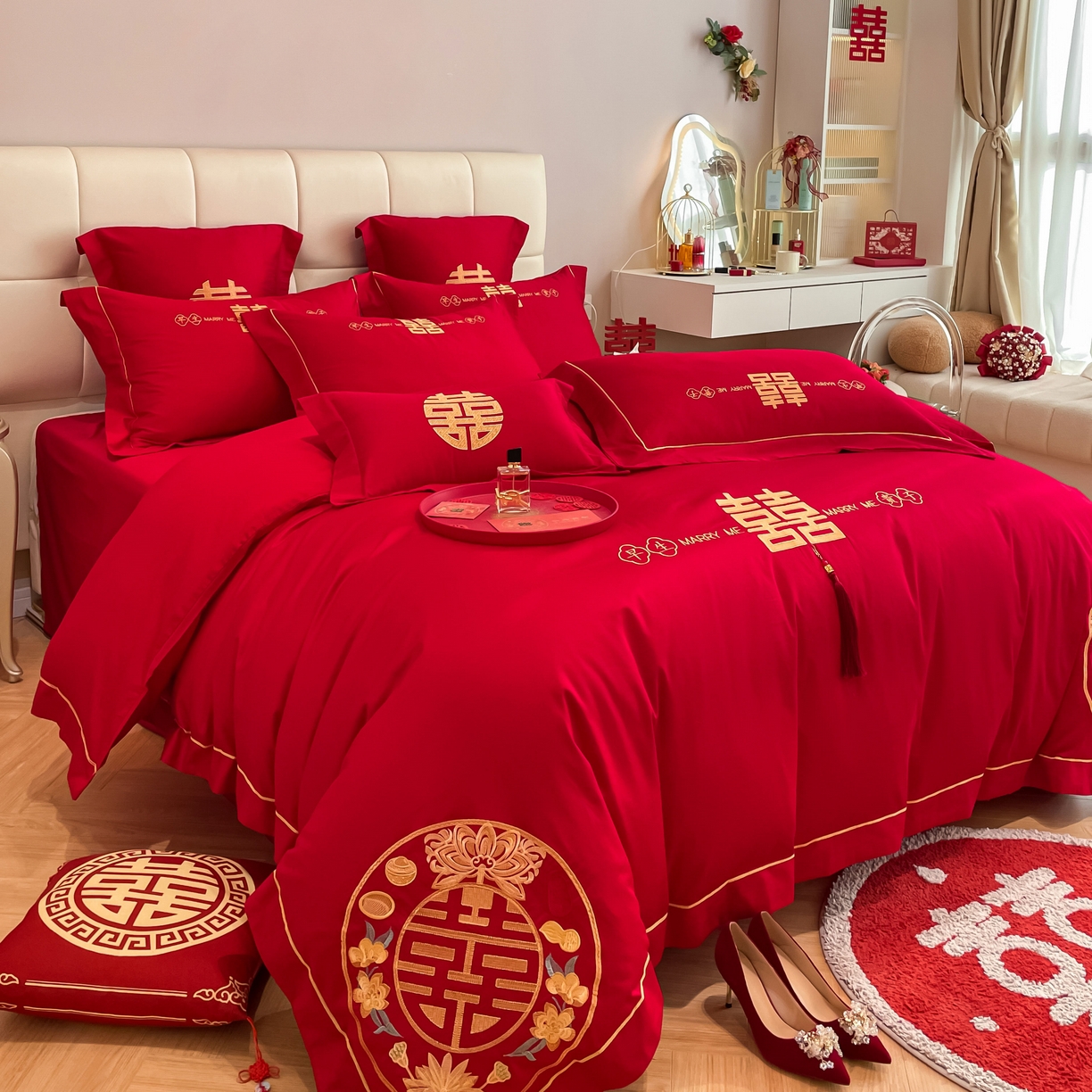 91家纺网 家纺一手货源 找家纺 欧乐蒂 2025新款亲肤棉刺绣婚庆四件套 早生贵子