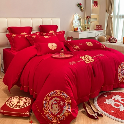 欧乐蒂 2025新款亲肤棉刺绣婚庆四件套 龙凤呈祥