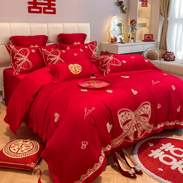 91家纺网 家纺一手货源 找家纺 欧乐蒂 2025新款亲肤棉刺绣婚庆四件套 一见倾心