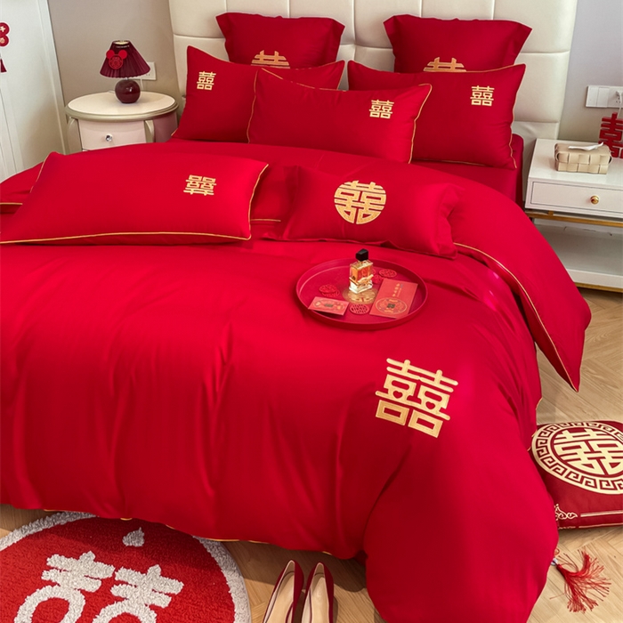 91家纺网 家纺一手货源 找家纺 欧乐蒂 2025新款亲肤棉刺绣婚庆四件套 双喜