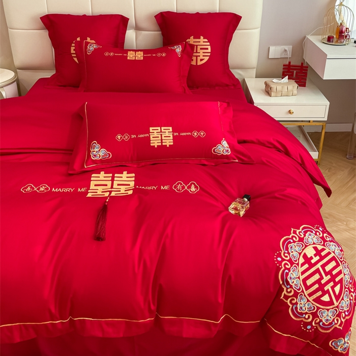 91家纺网 家纺一手货源 找家纺 欧乐蒂 2025新款亲肤棉刺绣婚庆四件套 吾家有喜