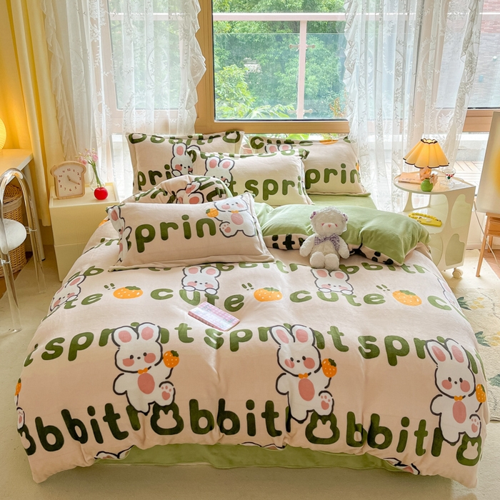 91家纺网 家纺一手货源 找家纺 慕澄家纺 2023新款小清新牛奶绒印花四件套 嗨皮兔