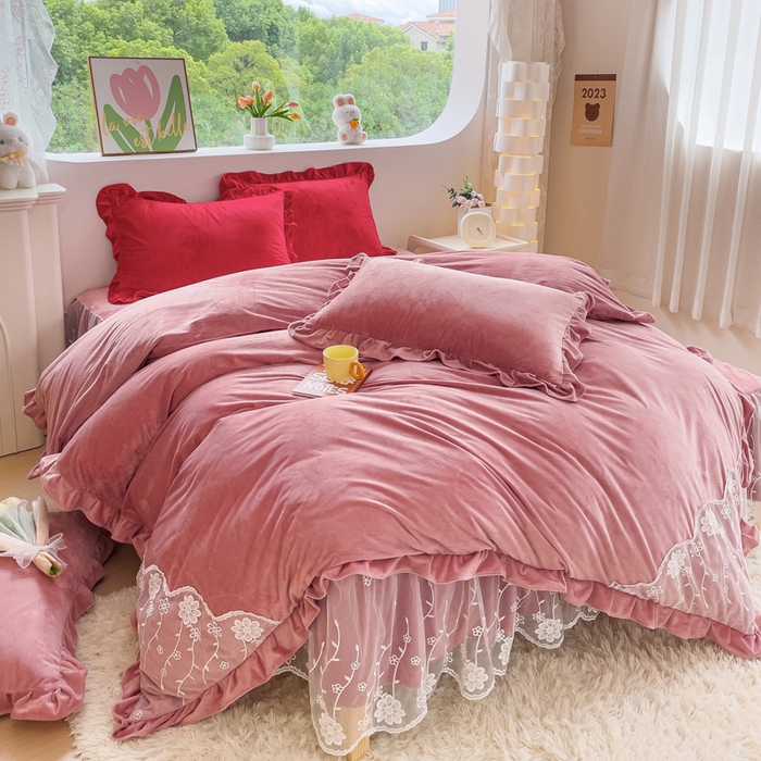 91家纺网 家纺一手货源 找家纺 （总）2024直播爆款韩版纯色花边牛奶绒婴儿绒床裙四件套 花香