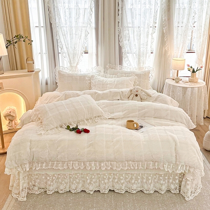 宜凡家纺 2023新款宜凡-高克重兔绒牛奶绒床盖四件套 方格纹-奶白