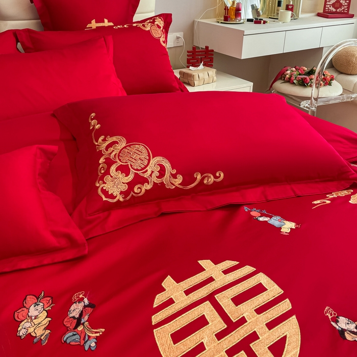 91家纺网 家纺一手货源 找家纺 欧乐蒂 2025新款亲肤棉刺绣婚庆四件套 百子呈祥