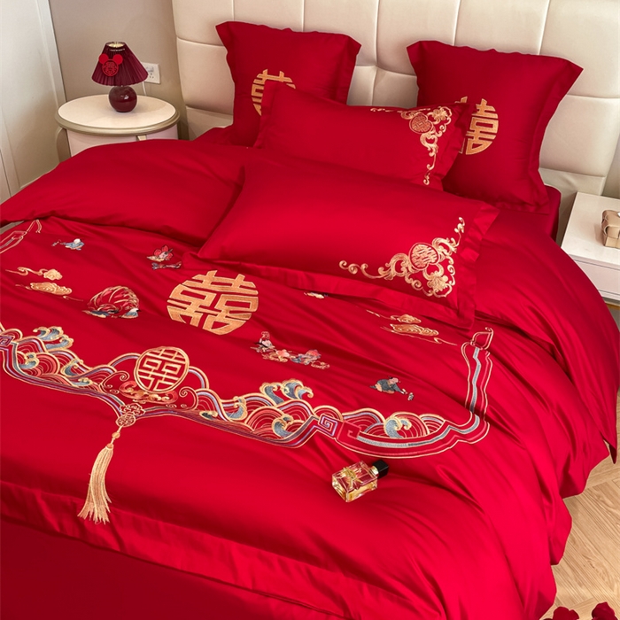 91家纺网 家纺一手货源 找家纺 欧乐蒂 2025新款亲肤棉刺绣婚庆四件套 百子呈祥