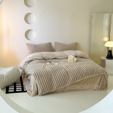 玛奇朵 2023新款秋冬新品色织泰兔绒系列四件套 泰兔绒-条纹咖