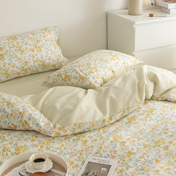 91家纺网 家纺一手货源 找家纺 绫韵家纺 13372ins风全棉斜纹纯棉小清新床上四件套三件套 多姿多彩黄