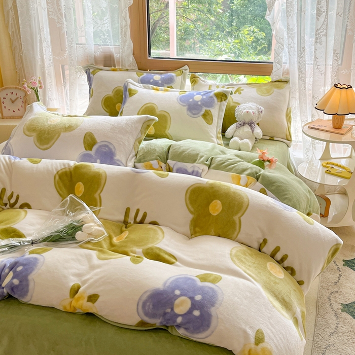 91家纺网 家纺一手货源 找家纺 慕澄家纺 2023新款小清新牛奶绒印花四件套 花之恋