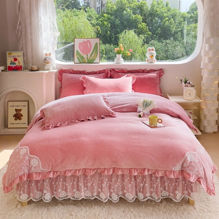 91家纺网 家纺一手货源 找家纺 （总）2024直播爆款韩版纯色花边牛奶绒婴儿绒床裙四件套 花香