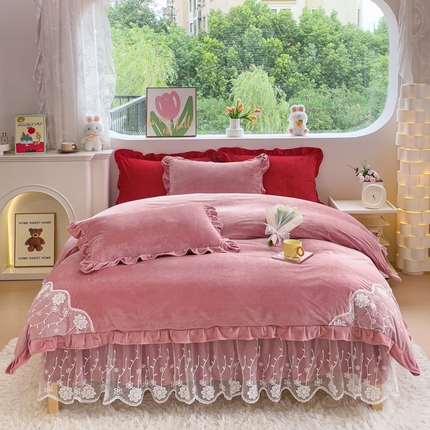 91家纺网 家纺一手货源 找家纺 （总）2024直播爆款韩版纯色花边牛奶绒婴儿绒床裙四件套 花香