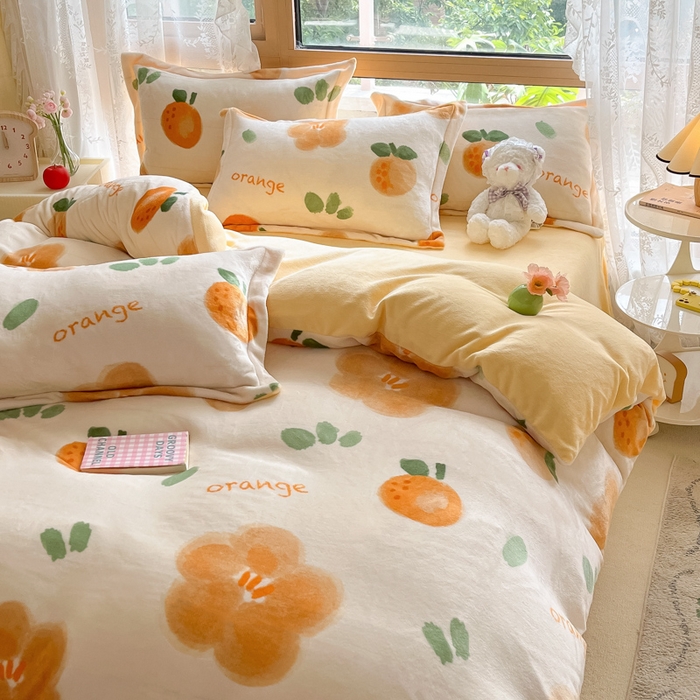 91家纺网 家纺一手货源 找家纺 慕澄家纺 2023新款小清新牛奶绒印花四件套 橙意满满