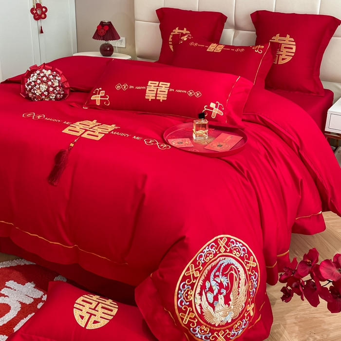 91家纺网 家纺一手货源 找家纺 欧乐蒂 2025新款亲肤棉刺绣婚庆四件套 龙凤呈祥