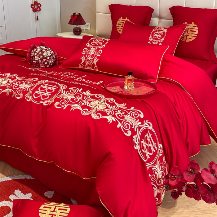 91家纺网 家纺一手货源 找家纺 欧乐蒂 2025新款亲肤棉刺绣婚庆四件套 喜结连理