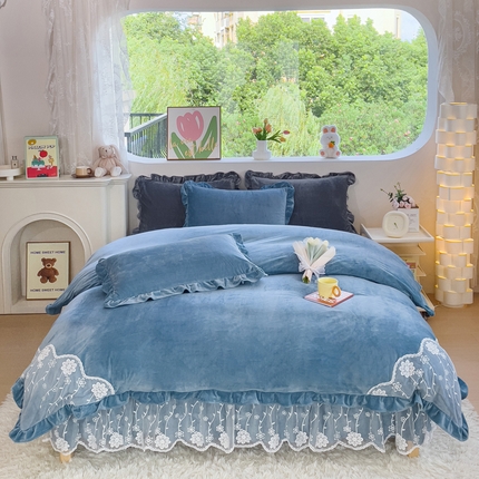 91家纺网 家纺一手货源 找家纺 （总）2024直播爆款韩版纯色花边牛奶绒婴儿绒床裙四件套 花香