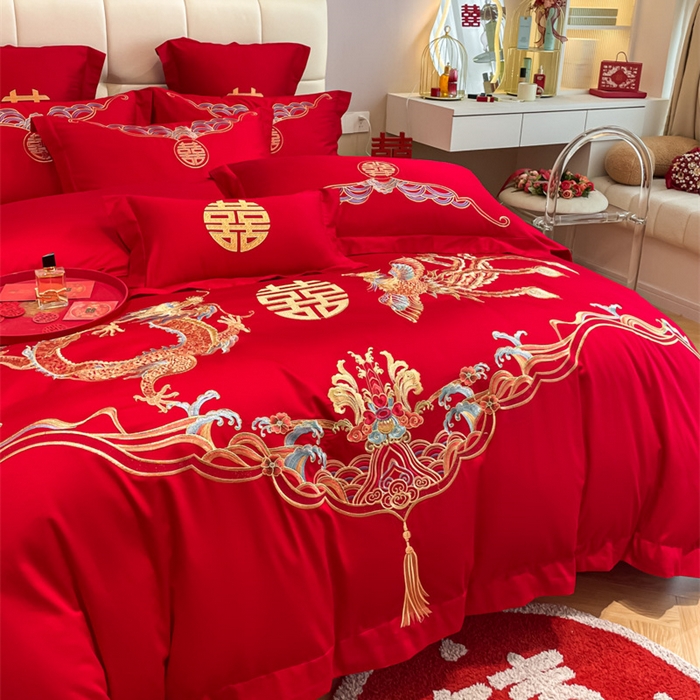 91家纺网 家纺一手货源 找家纺 欧乐蒂 2025新款亲肤棉刺绣婚庆四件套 龙凤祥瑞