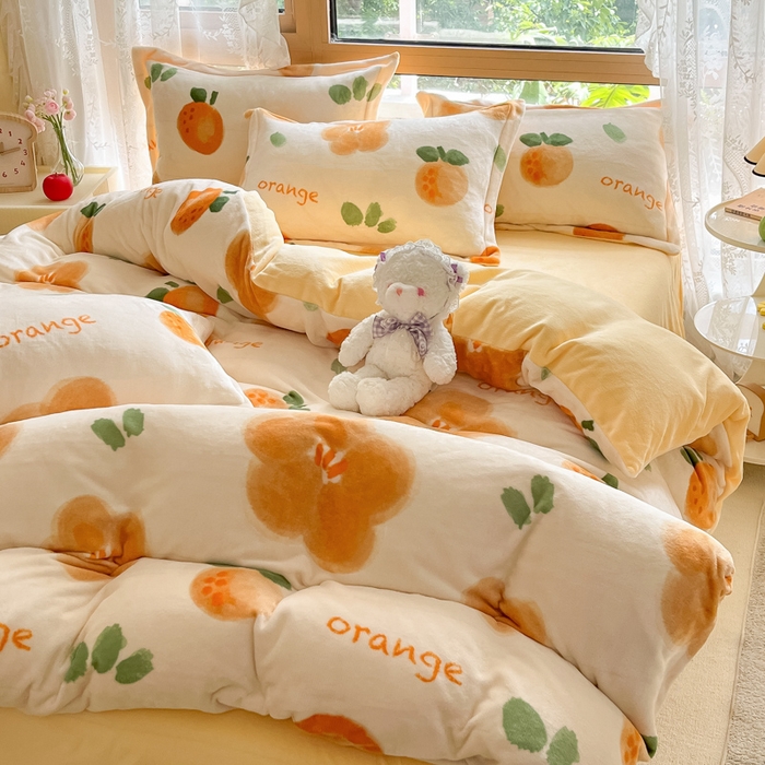 91家纺网 家纺一手货源 找家纺 慕澄家纺 2023新款小清新牛奶绒印花四件套 橙意满满