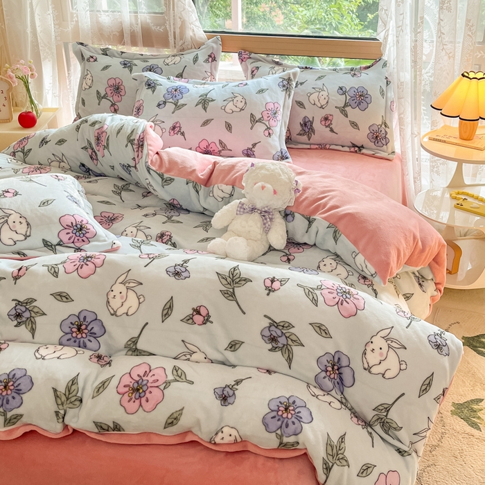 91家纺网 家纺一手货源 找家纺 慕澄家纺 2023新款小清新牛奶绒印花四件套 花韵