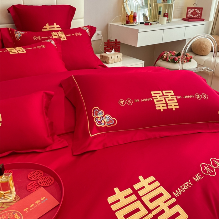 91家纺网 家纺一手货源 找家纺 欧乐蒂 2025新款亲肤棉刺绣婚庆四件套 吾家有喜