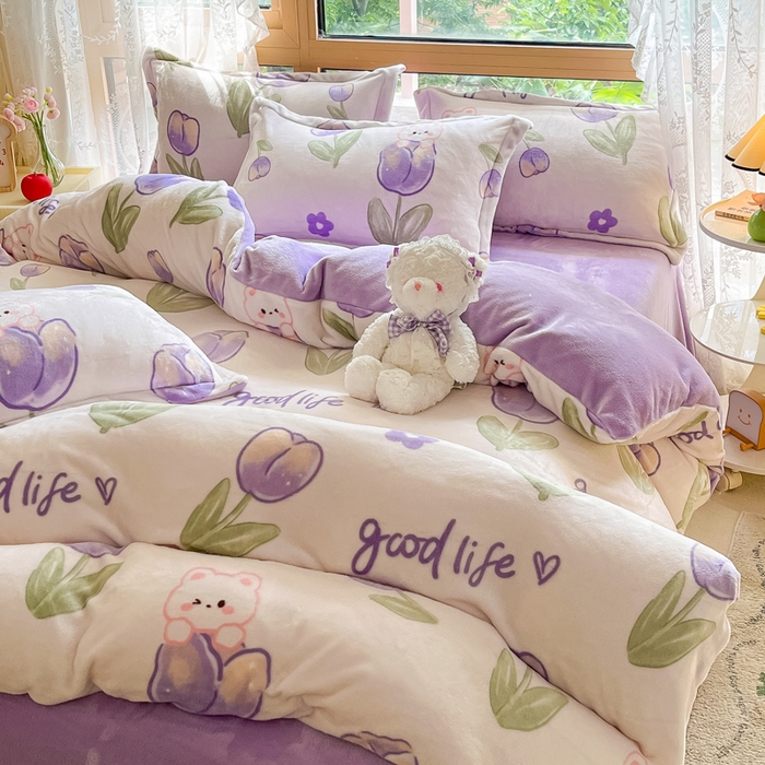 91家纺网 家纺一手货源 找家纺 慕澄家纺 2023新款小清新牛奶绒印花四件套 郁金香兔兔