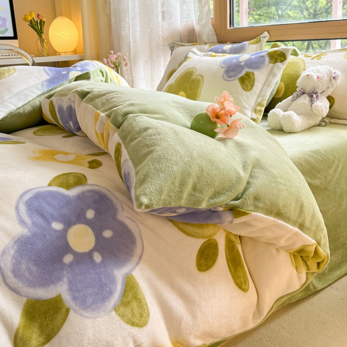 91家纺网 家纺一手货源 找家纺 慕澄家纺 2023新款小清新牛奶绒印花四件套 花之恋