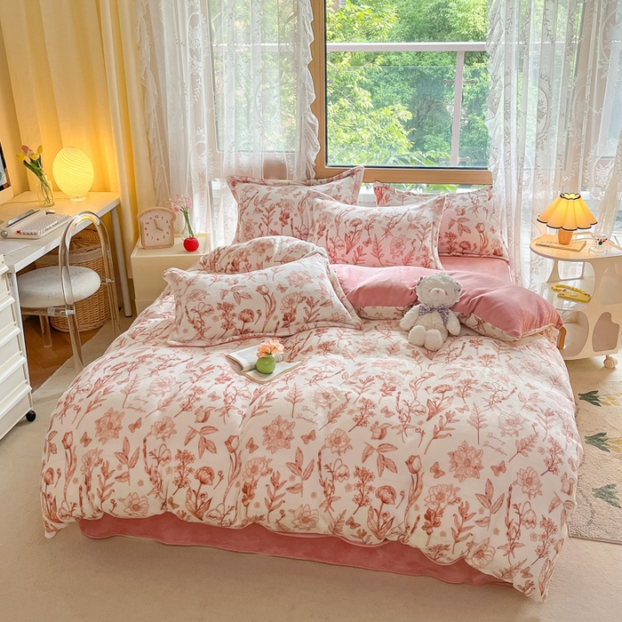 91家纺网 家纺一手货源 找家纺 慕澄家纺 2023新款小清新牛奶绒印花四件套 素锦