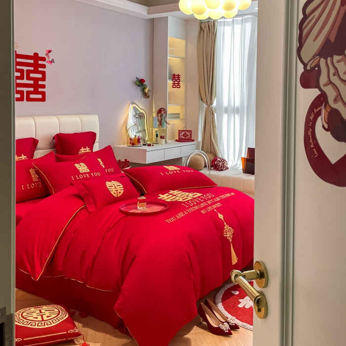 91家纺网 家纺一手货源 找家纺 欧乐蒂 2025新款亲肤棉刺绣婚庆四件套 今生今世