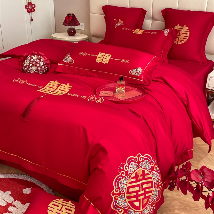 91家纺网 家纺一手货源 找家纺 欧乐蒂 2025新款亲肤棉刺绣婚庆四件套 吾家有喜