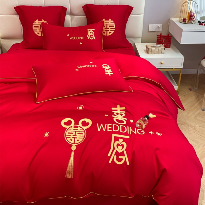 91家纺网 家纺一手货源 找家纺 欧乐蒂 2025新款亲肤棉刺绣婚庆四件套 喜愿