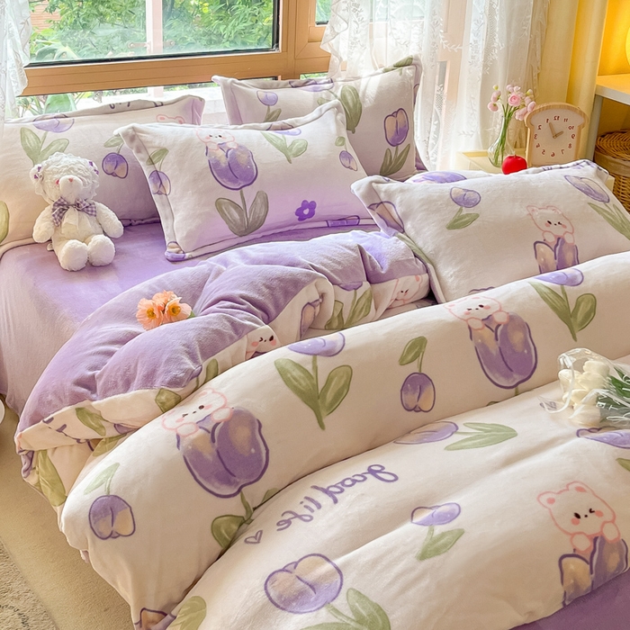 91家纺网 家纺一手货源 找家纺 慕澄家纺 2023新款小清新牛奶绒印花四件套 郁金香兔兔