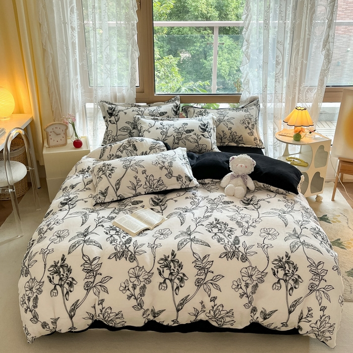 91家纺网 家纺一手货源 找家纺 慕澄家纺 2023新款小清新牛奶绒印花四件套 黑白配