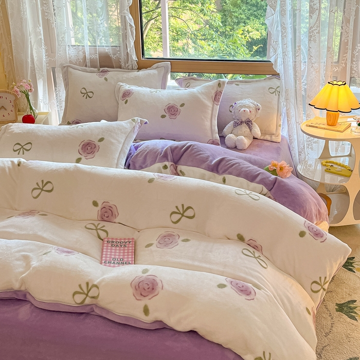 91家纺网 家纺一手货源 找家纺 慕澄家纺 2023新款小清新牛奶绒印花四件套 花开