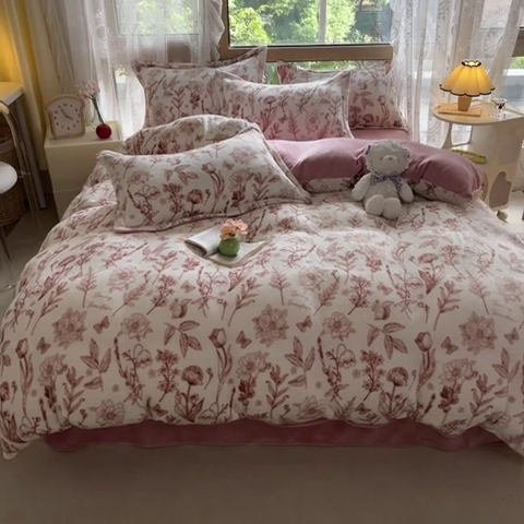 91家纺网 家纺一手货源 找家纺 慕澄家纺 2023新款小清新牛奶绒印花四件套 素锦