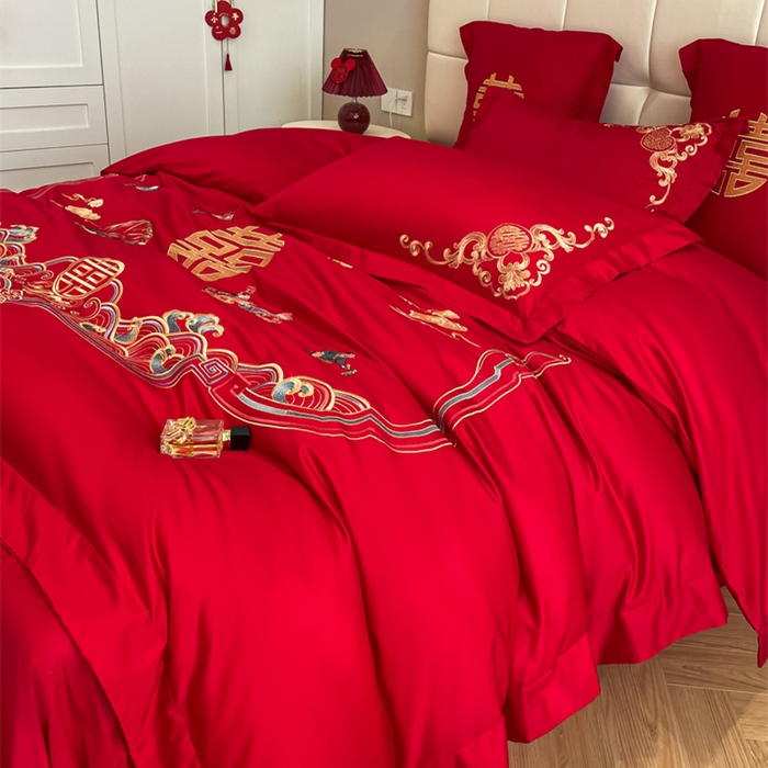 91家纺网 家纺一手货源 找家纺 欧乐蒂 2025新款亲肤棉刺绣婚庆四件套 百子呈祥