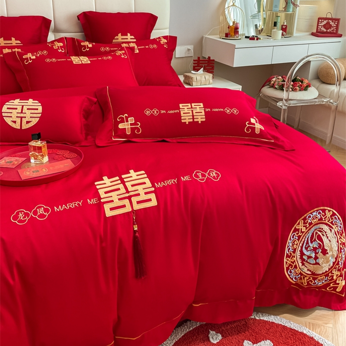 91家纺网 家纺一手货源 找家纺 欧乐蒂 2025新款亲肤棉刺绣婚庆四件套 龙凤呈祥