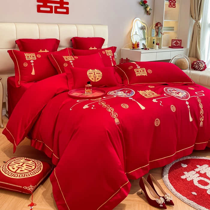 91家纺网 家纺一手货源 找家纺 欧乐蒂 2025新款亲肤棉刺绣婚庆四件套 龙凤情缘