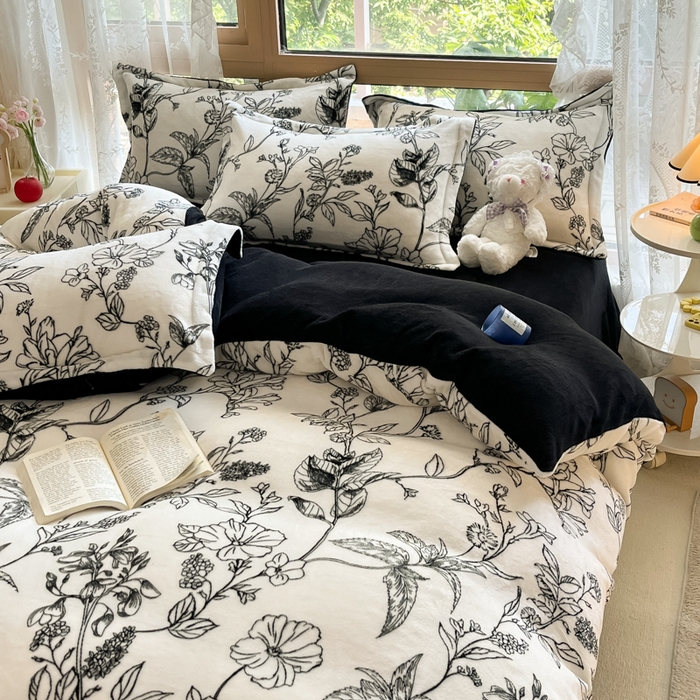 91家纺网 家纺一手货源 找家纺 慕澄家纺 2023新款小清新牛奶绒印花四件套 黑白配