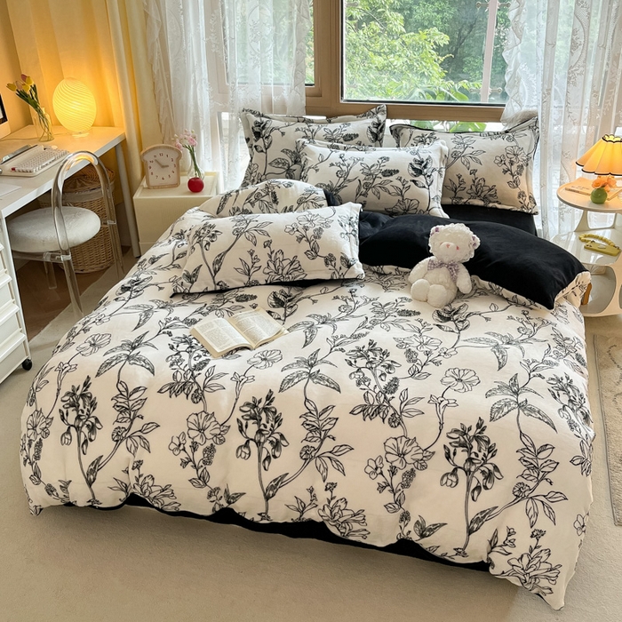 91家纺网 家纺一手货源 找家纺 慕澄家纺 2023新款小清新牛奶绒印花四件套 黑白配